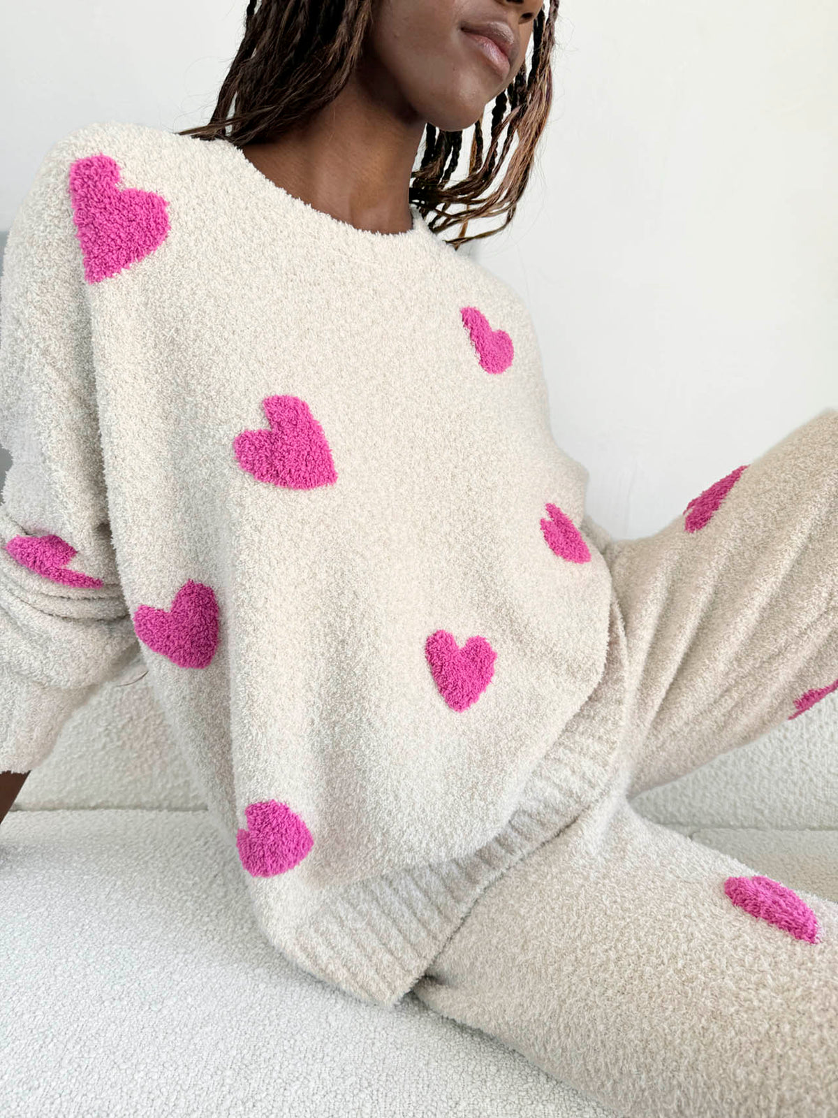 Pink Hearts Fuzzy Sweater PJ Set - Oat Heather/ Pink Hearts