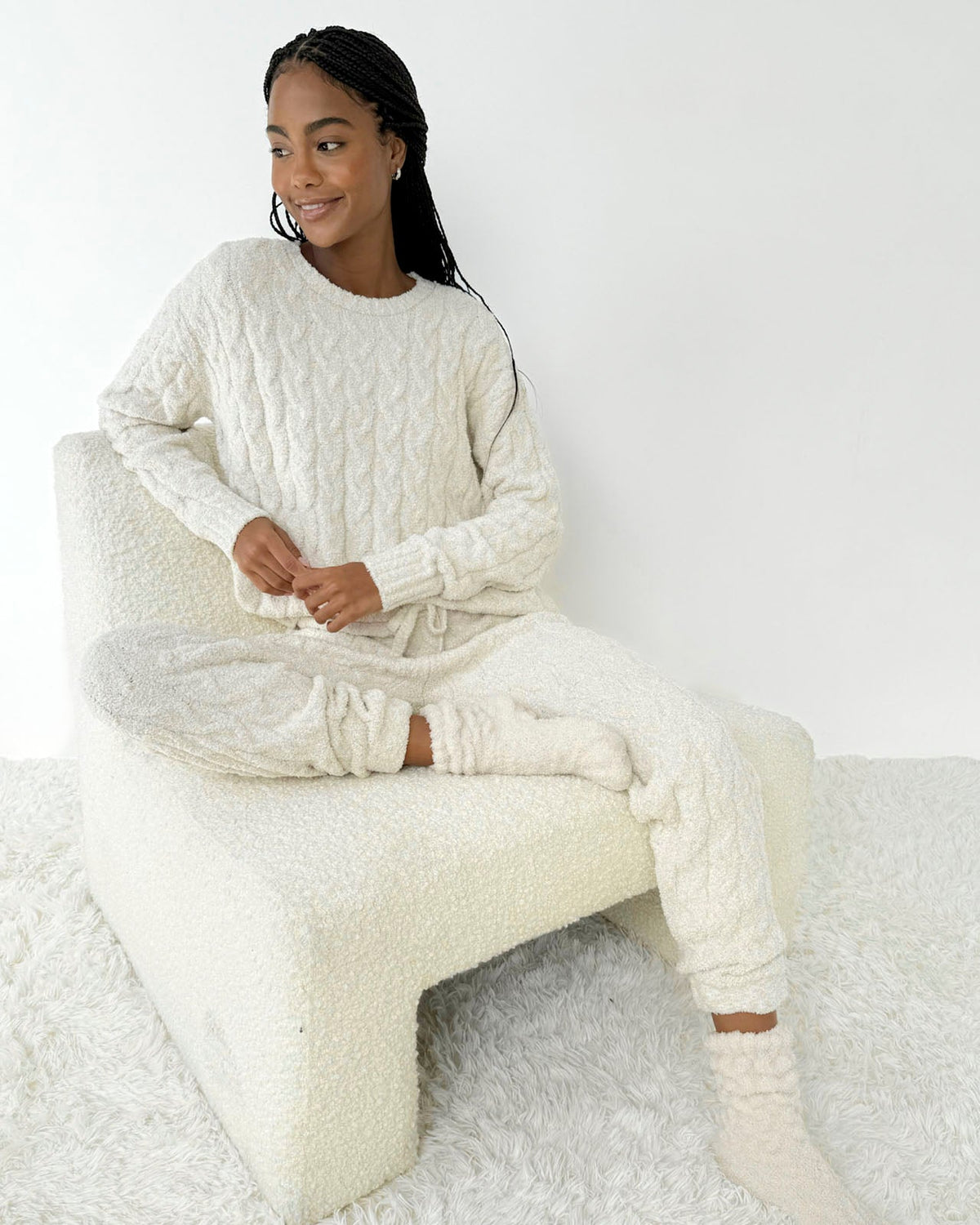 Ivory Fuzzy Cable Knit Sweater PJ Set - Ivory