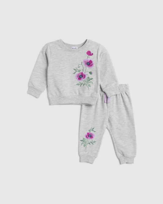 Infant Girl Sage Flower Sweatshirt Set - Light Heather Grey