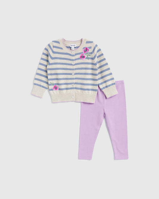 Infant Girl Sage Flower Cardigan Set - Oat Heather/Morning Mist