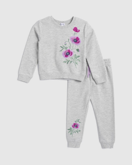 Toddler Girl Sage Flower Sweatshirt Set - Light Heather Grey