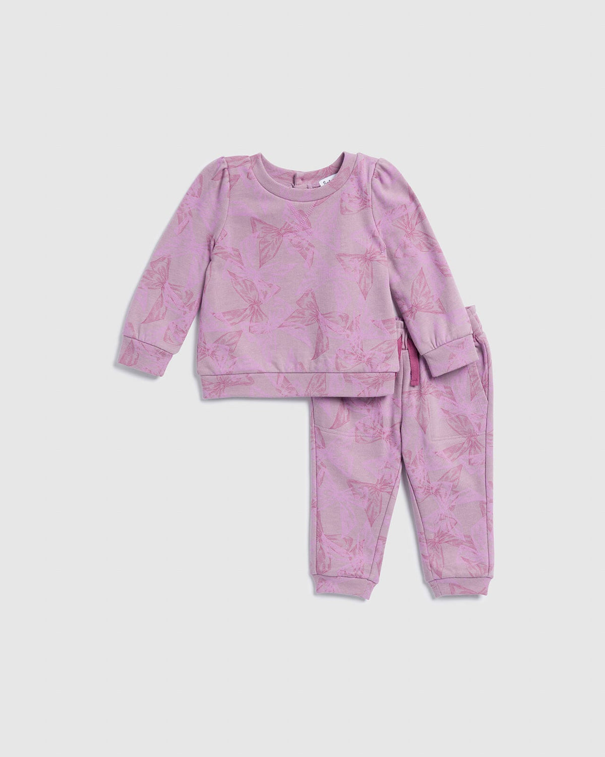 Infant Girl Puff Sleeve Bow Long Sleeve Set - Rose Multi