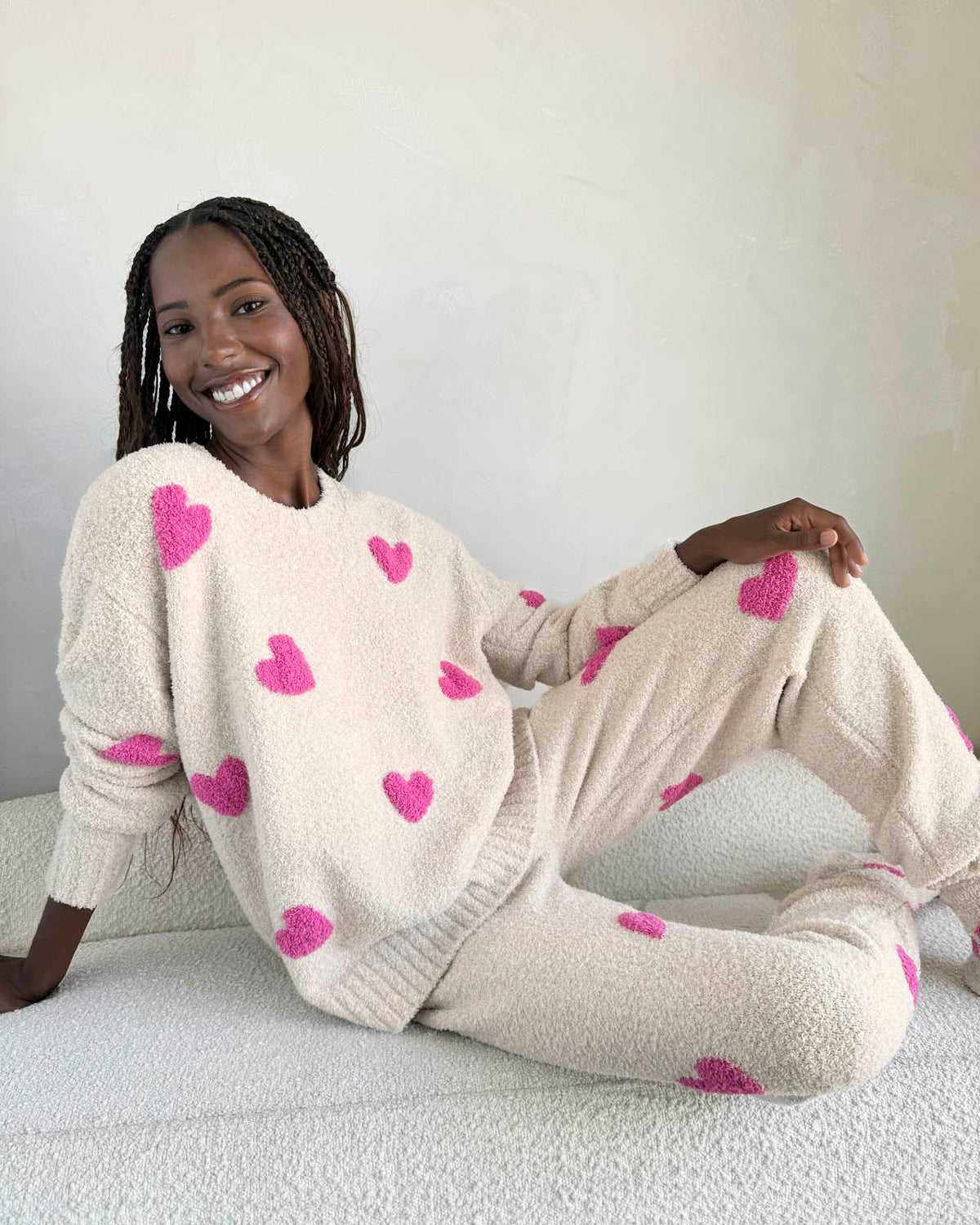 Pink Hearts Fuzzy Sweater PJ Set - Oat Heather/ Pink Hearts
