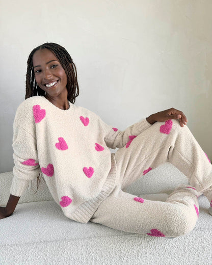 Pink Hearts Fuzzy Sweater PJ Set - Oat Heather/ Pink Hearts