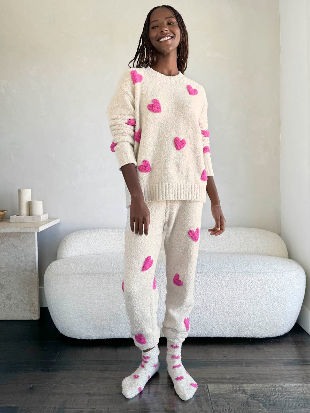 Pink Hearts Fuzzy Sweater PJ Set - Oat Heather/ Pink Hearts