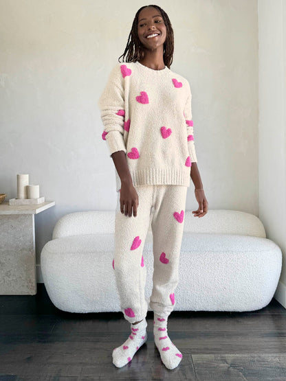 Pink Hearts Fuzzy Sweater PJ Set - Oat Heather/ Pink Hearts