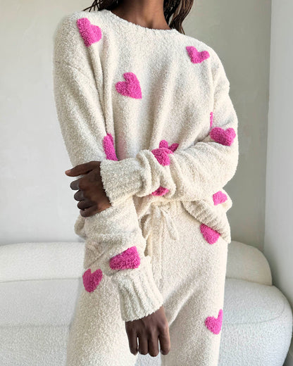 Pink Hearts Fuzzy Sweater PJ Set - Oat Heather/ Pink Hearts