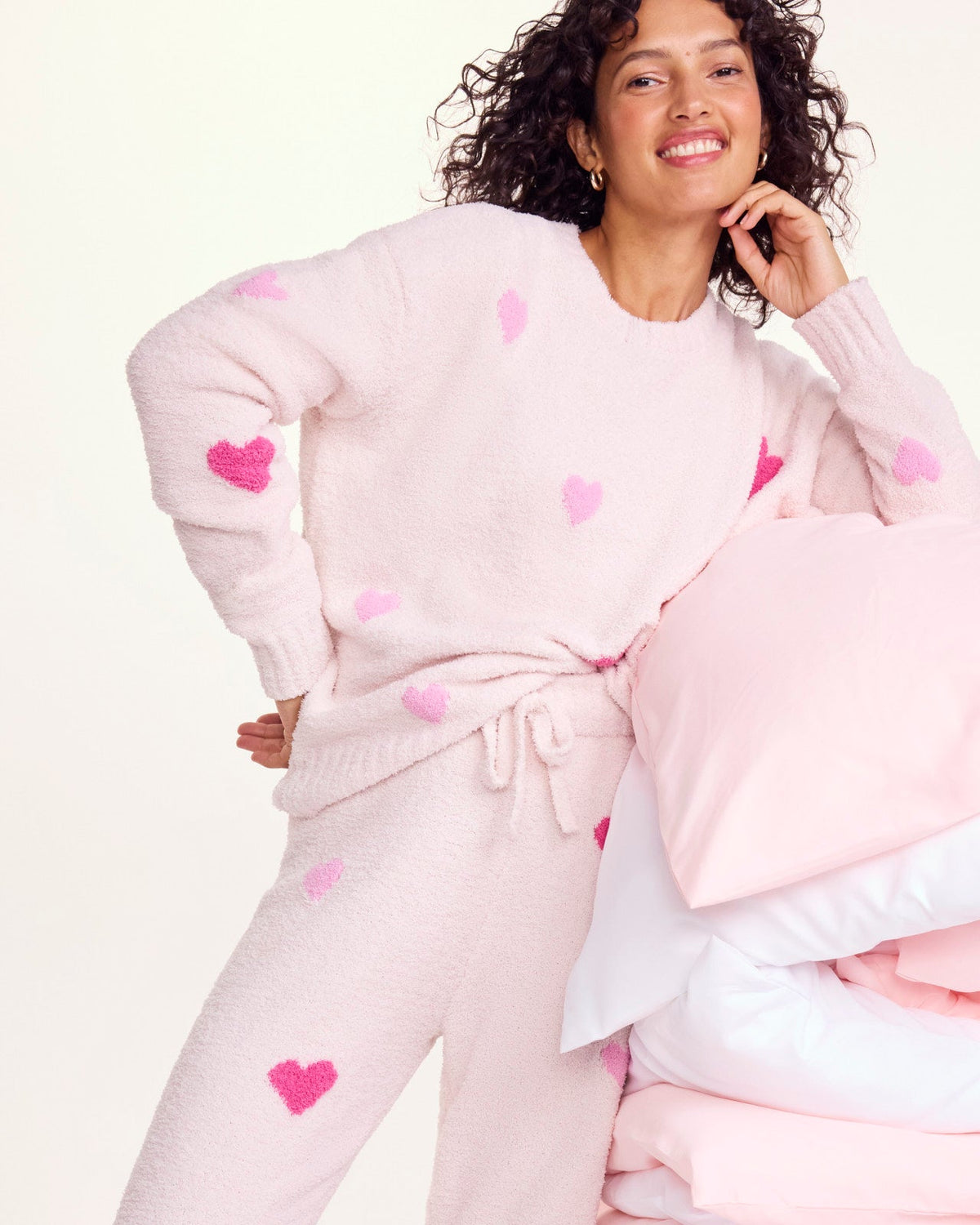 Pink Multi-Heart Fuzzy Sweater PJ Set - Pink Multi Hearts