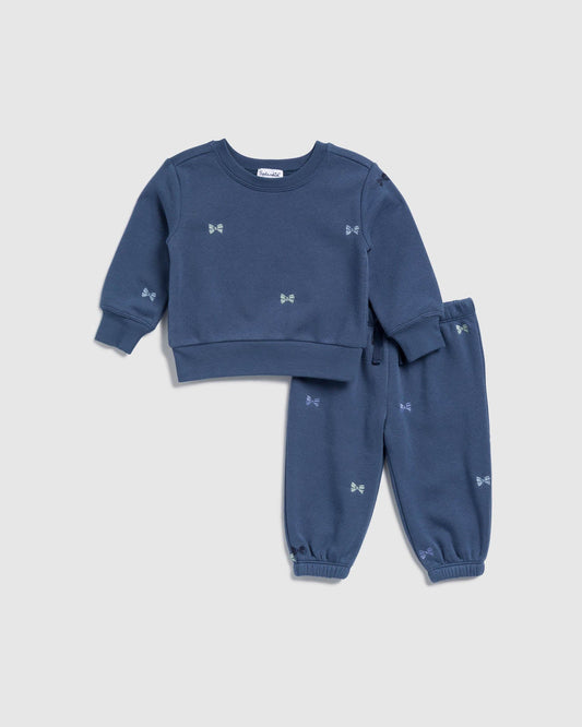 Infant GIrl Embroidered Bow Crewneck Set - Midnight Blue