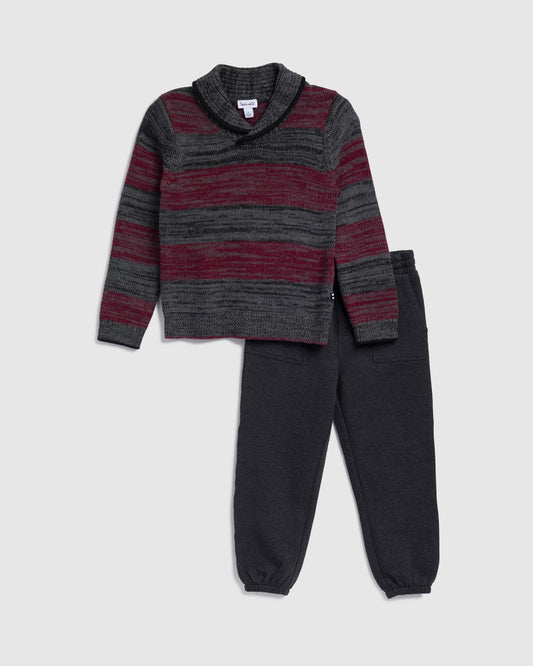Toddler Boy Roll Neck Sweater Set - Maroon Stripe