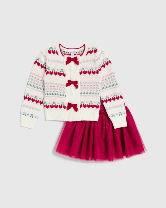 Toddler Girl Cherry Chic Cardigan Set - Cherry Heart Fairisle