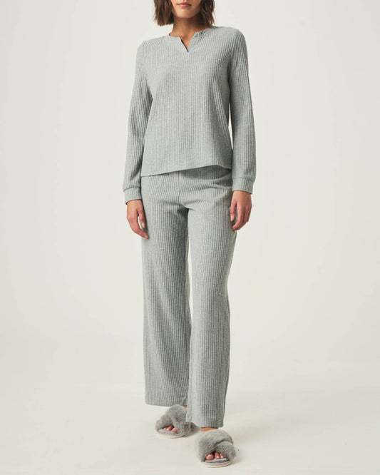 Heather Grey Split Crewneck Waffle Knit Sleep Set - Heather Grey