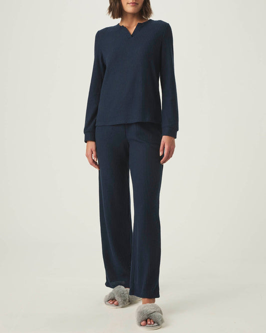 Navy Split Crewneck Waffle Knit Sleep Set - Navy Blazer