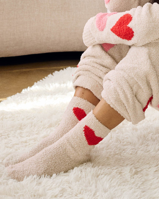 Oat Heather/ Multi Heart Fuzzy Yarn Socks - Oat Heather/Multi Heart