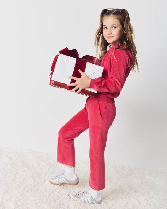 Toddler Girl Velvety Velour Zip Up Set - Velvet Red
