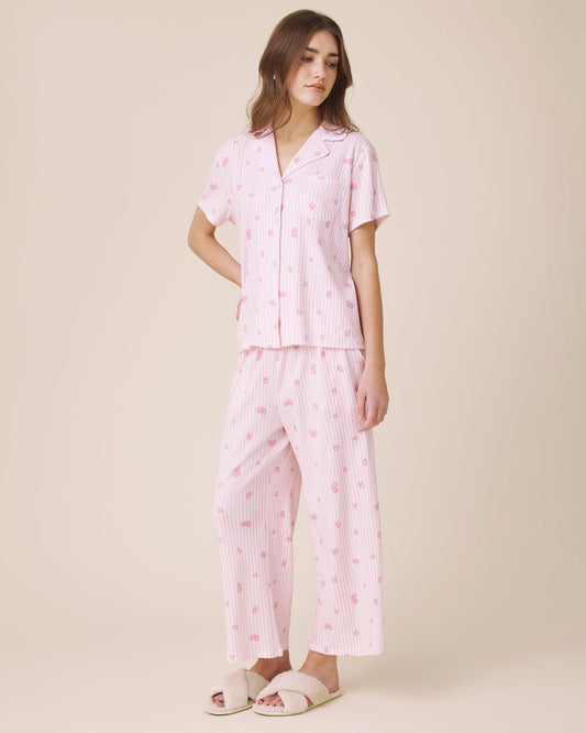 Strawberries and Stripes Notch Top and Crop Pant PJ Set - Strawberries and Stripes