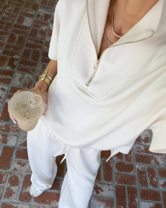 Splendid x @Cellajaneblog Scubasoft Short Sleeve Quarter-Zip Sweatshirt - Porcelain