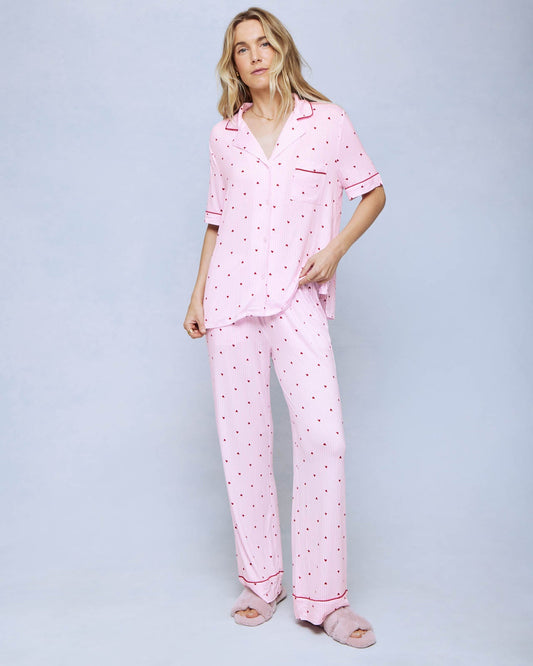 Heart Stripe Notch and Long Pant Set - Heart Stripe