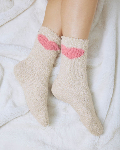 Oat Heather/ Multi Heart Fuzzy Yarn Socks - Oat Heather/Multi Heart