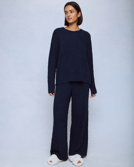 Navy Fuzzy Cable Knit Sweater Wide Leg PJ Set - Navy