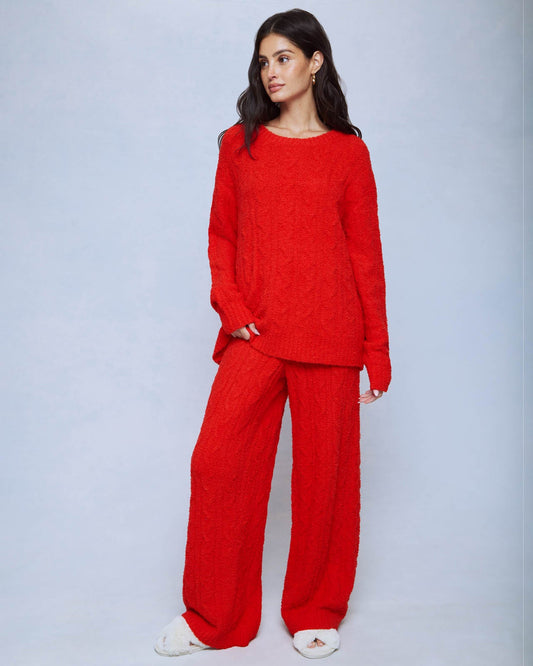 Poinsettia Fuzzy Cable Knit Sweater Wide Leg PJ Set - Poinsettia