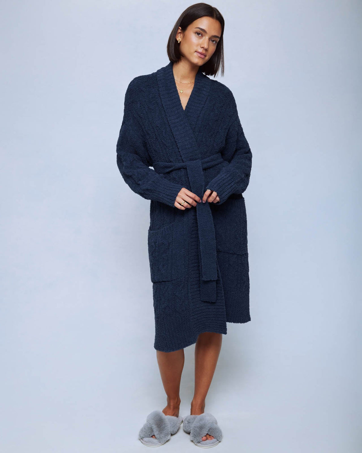 Navy Cozy Fuzzy PJ Cable Robe - Navy