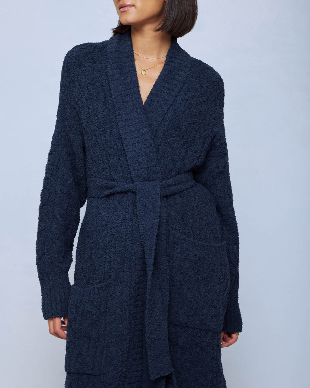 Navy Cozy Fuzzy PJ Cable Robe - Navy