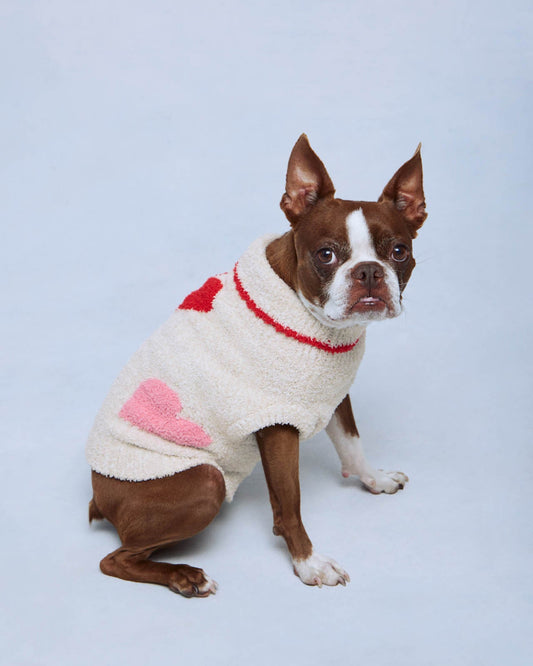 Oat Heather/Multi Heart Fuzzy Pet Sweater - Oat Heather/Multi Heart