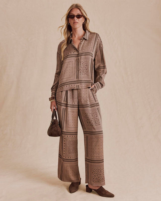 Valerie Pleated Print Pant - Taupe Grey Bandana