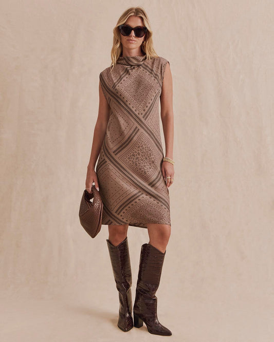 Scout Mock Neck Mini Dress - Taupe Grey Bandana