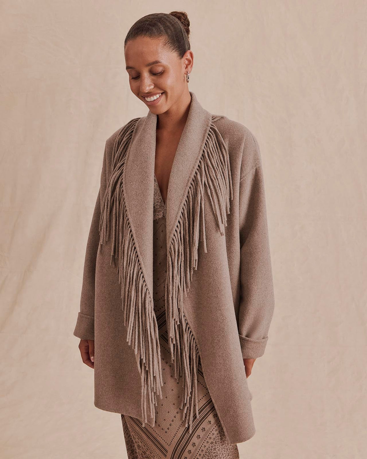 Sandra Fringe Jacket - Taupe Grey