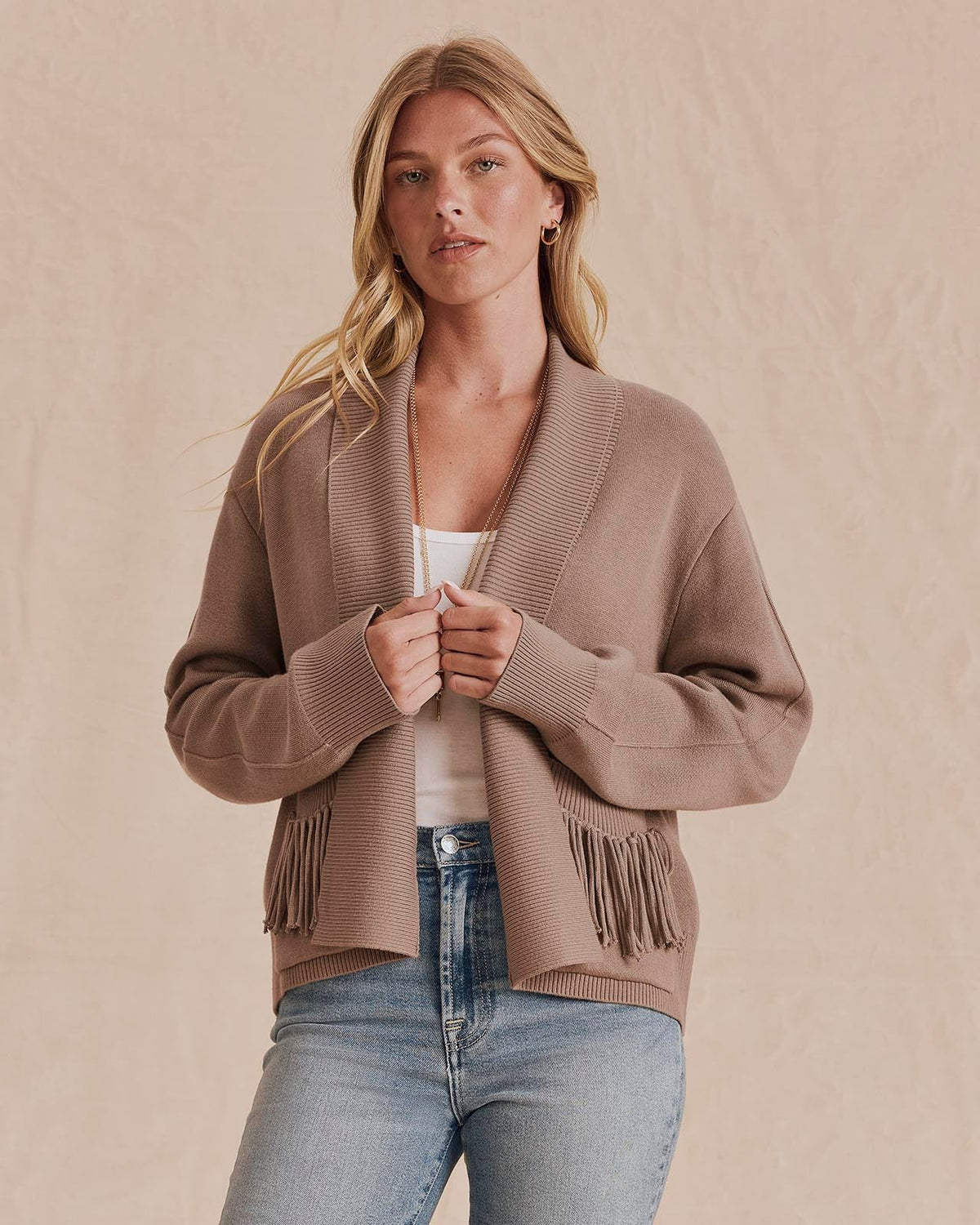 Willow Fringe Cardigan - Taupe Grey