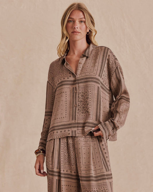 Clara Button-Down Shirt - Taupe Grey Bandana