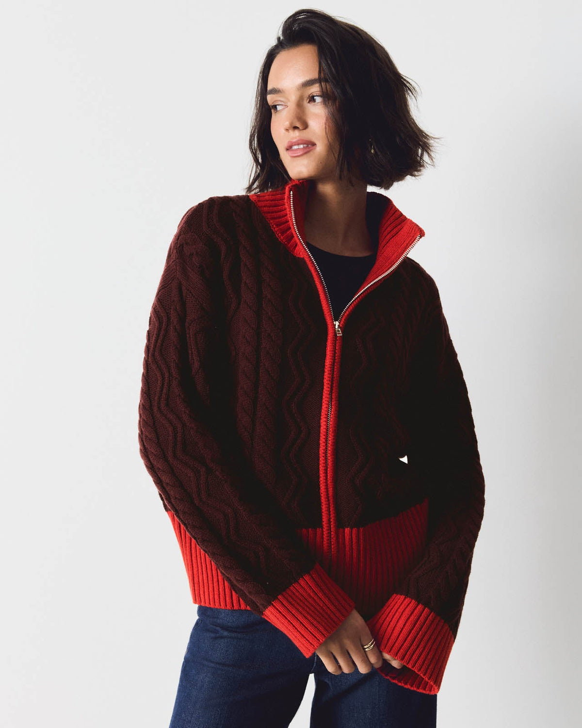 Charlie Cable Sweater Jacket - Merlot/Red Flash