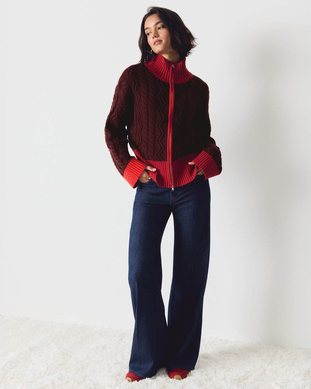 Charlie Cable Sweater Jacket - Merlot/Red Flash