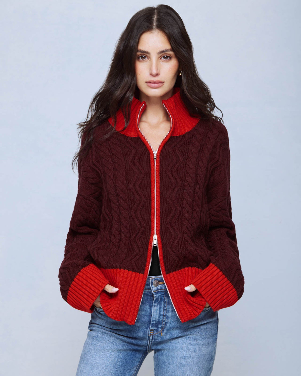 Charlie Cable Sweater Jacket - Merlot/Red Flash