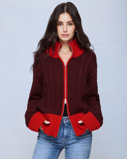 Charlie Cable Sweater Jacket - Merlot/Red Flash