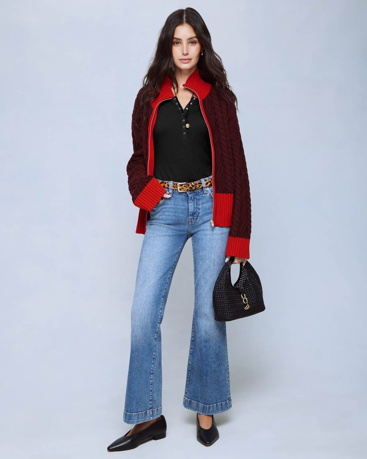 Charlie Cable Sweater Jacket - Merlot/Red Flash
