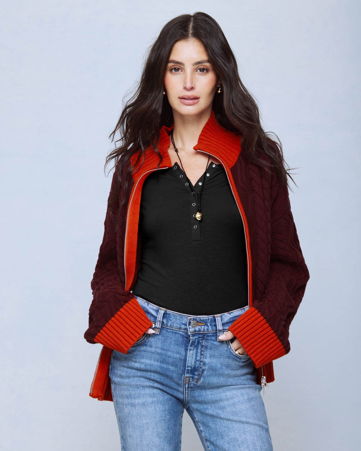 Charlie Cable Sweater Jacket - Merlot/Red Flash