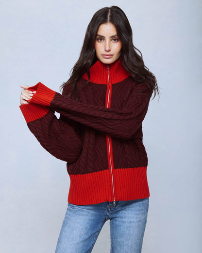 Charlie Cable Sweater Jacket - Merlot/Red Flash