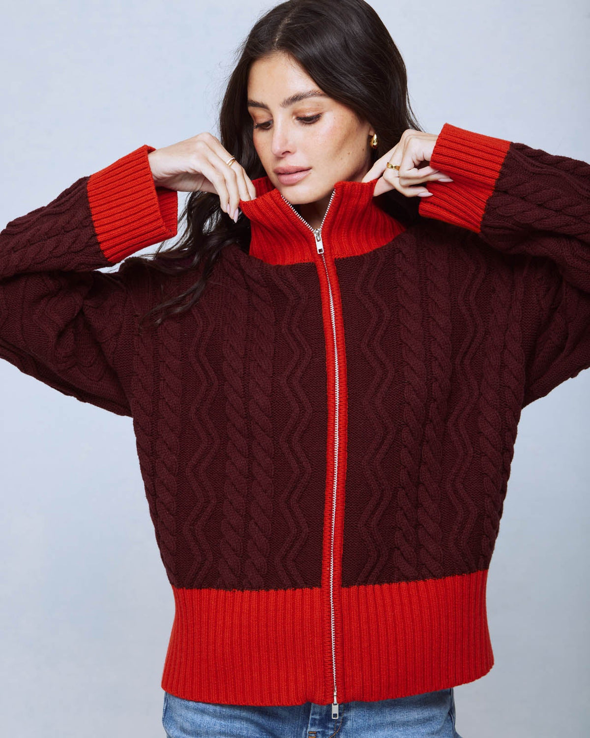 Charlie Cable Sweater Jacket - Merlot/Red Flash