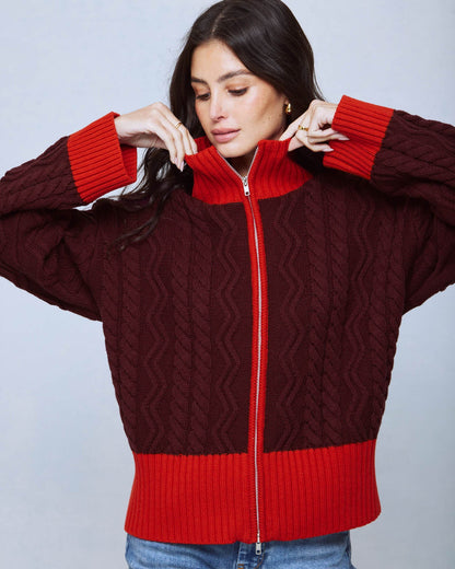 Charlie Cable Sweater Jacket - Merlot/Red Flash