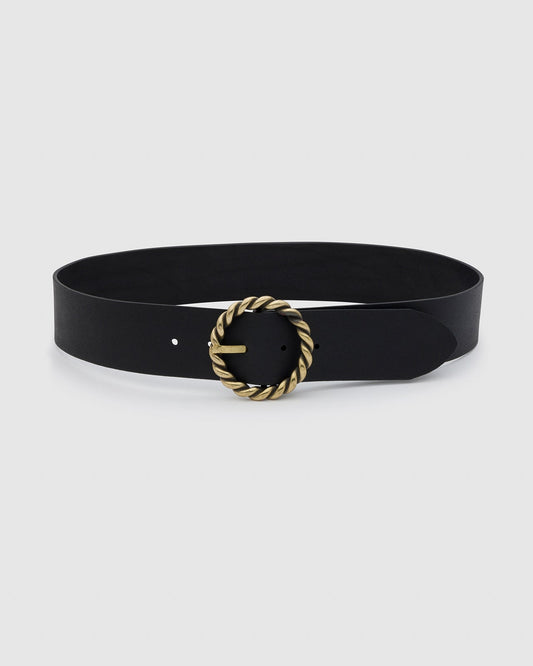 Wide Leather Belt with Metal Rope Twist Buckle
