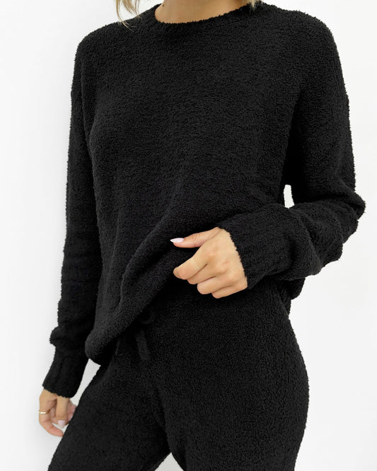 Black Fuzzy Sweater PJ Set - Black