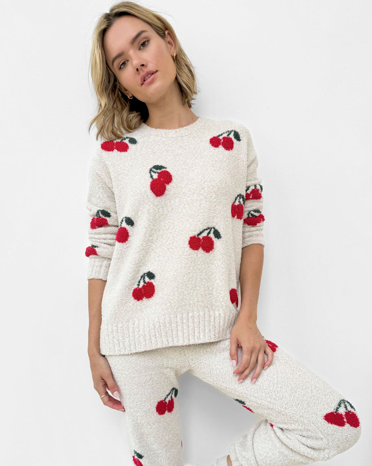 Cherries Fuzzy Sweater PJ Set - Cherries