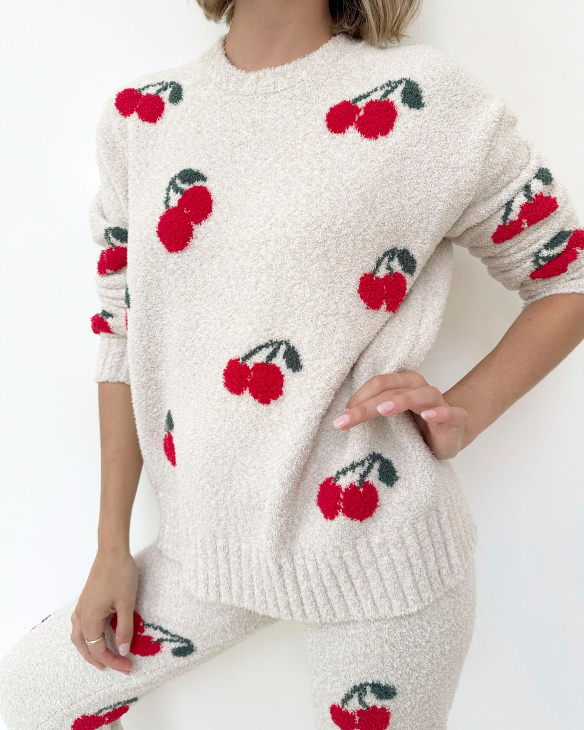 Cherries Fuzzy Sweater PJ Set - Cherries