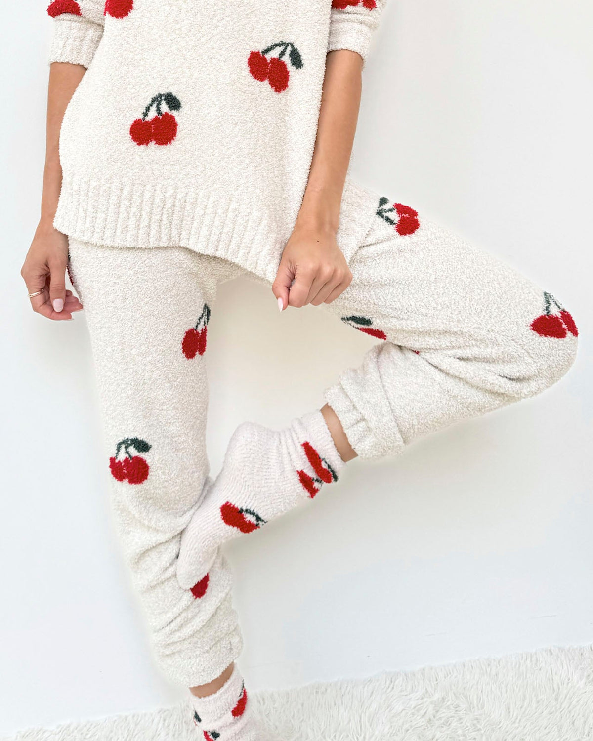 Cherries Fuzzy Sweater PJ Set - Cherries