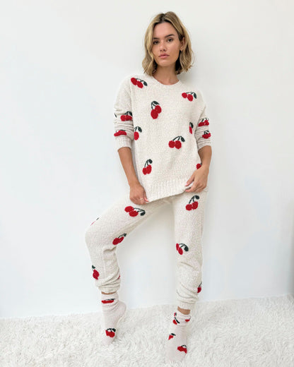Cherries Fuzzy Sweater PJ Set - Cherries
