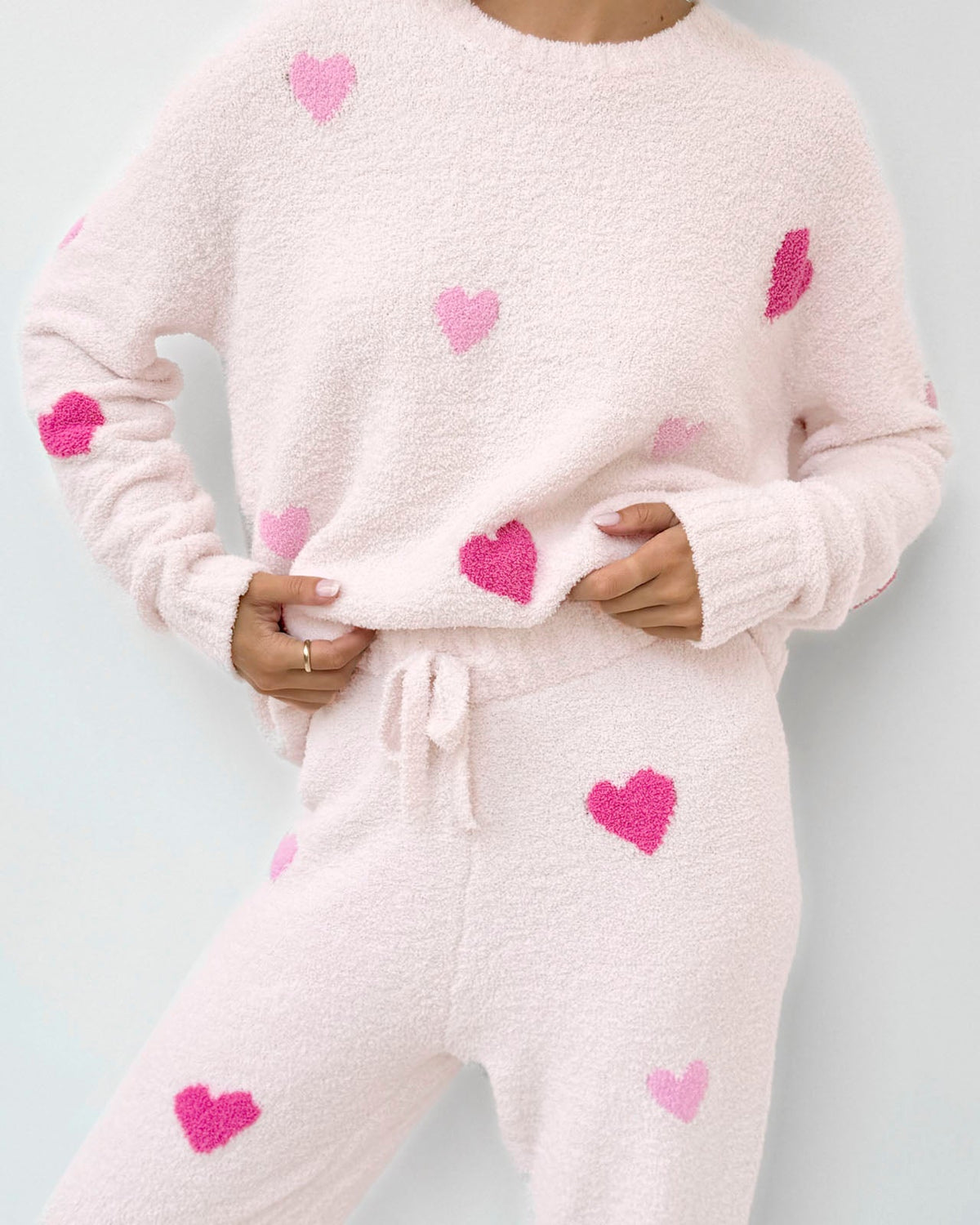 Pink Multi-Heart Fuzzy Sweater PJ Set - Pink Multi Hearts