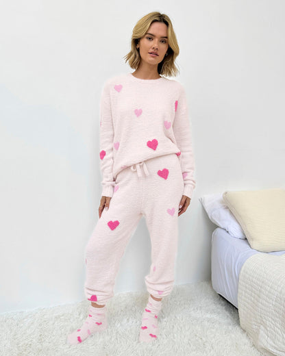 Pink Multi-Heart Fuzzy Sweater PJ Set - Pink Multi Hearts